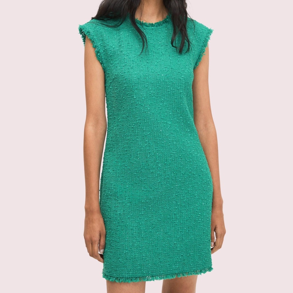 NEW Kate Spade Green Sequin Tweed Shift Dress Sleeveless Sparkle Fringe